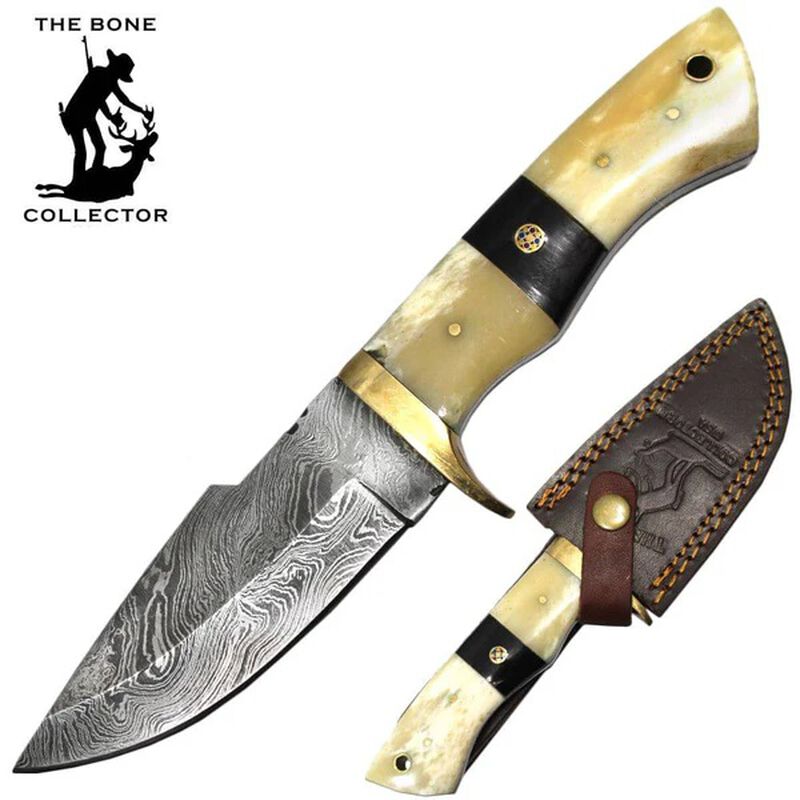 9" Damascus Blade Bone Collector Bovine Bone Handle Hunting Knife with Leather Sheath, , large image number 0